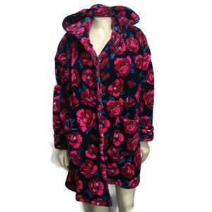 Betsey Johnson XS Red Rose Fleece Plush Hooded Bathrobe NO BELT